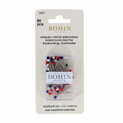 Epingle tête de verre bleu, blanc, rouge Bohin - idéales Gabardine